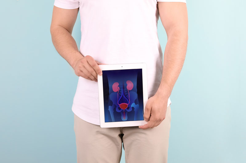 A patient holding a tablet displaying a scan of the prostate